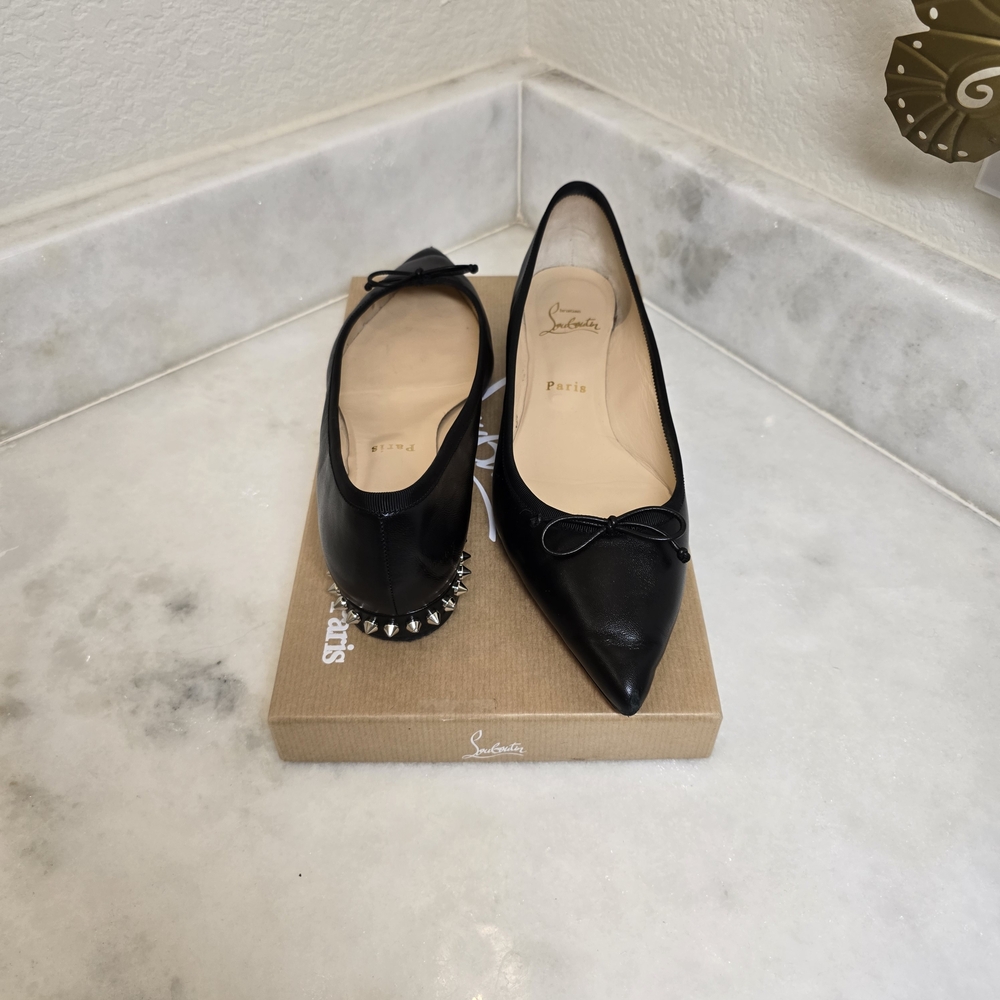 Christian Louboutin Black Pointed Toe Flats Size 39 | Bow Front Spike Heel Italy